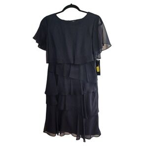 Tahari Ruffle Tiered NWT Navy Blue Dress Knee Length Side Zip Lined Sz‎ 4 Office